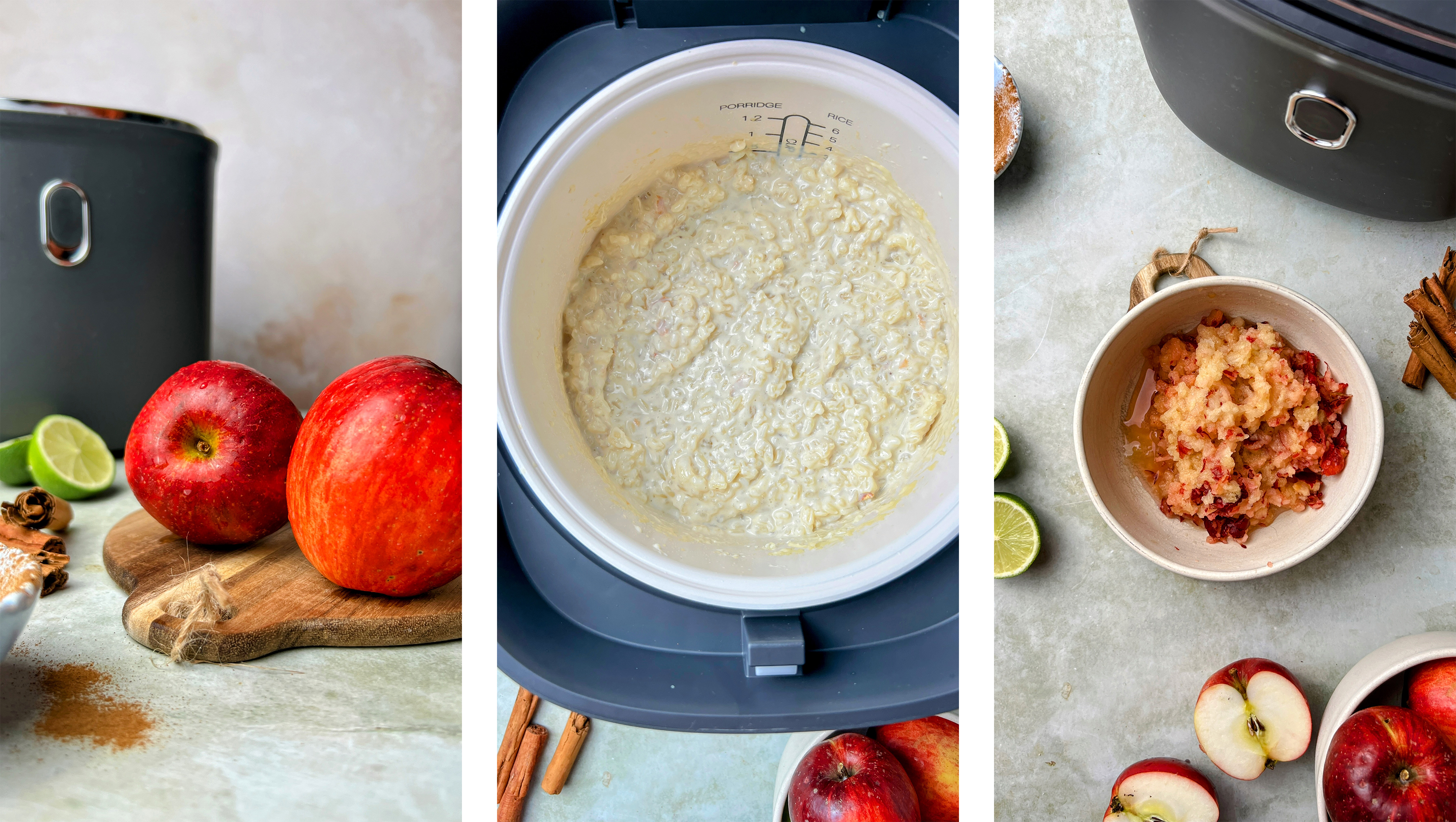 Drei Schritte der Milchreis-Zubereitung im Reiskocher: Zutaten mit Äpfeln, cremiger Milchreis im Gerät und frisches Apfel-Topping.