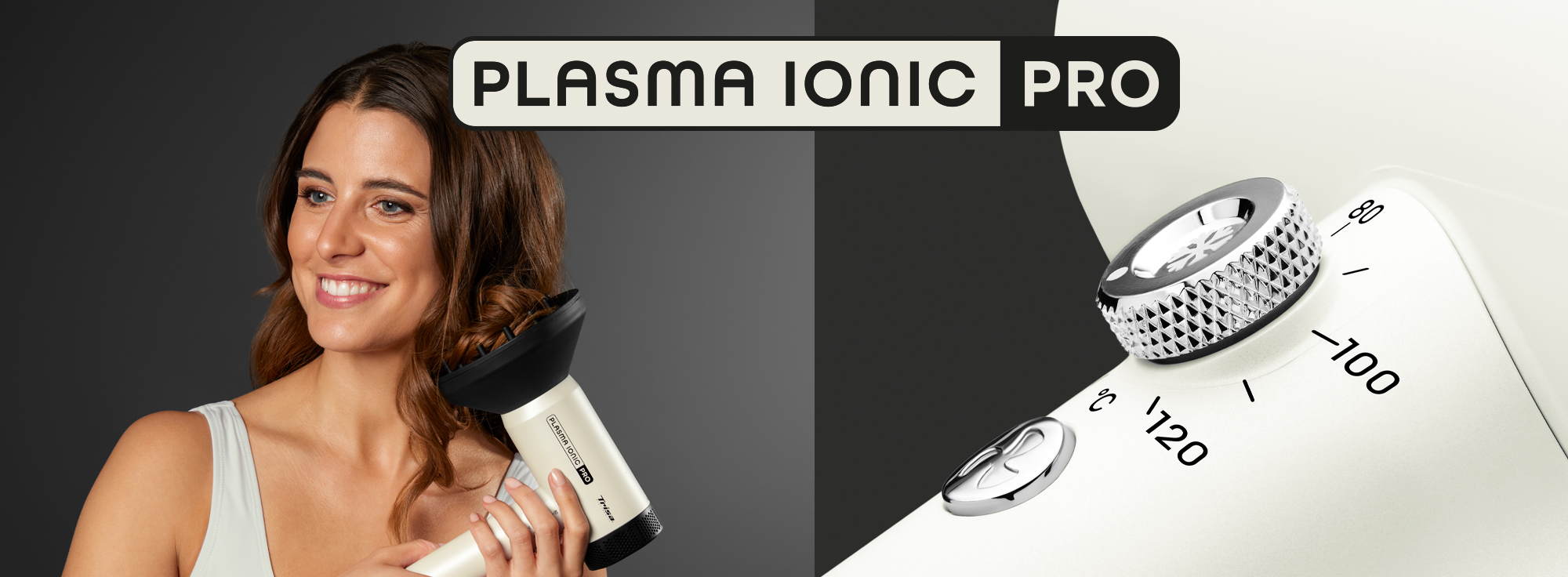 Trisa Plasma Ionic Pro Frau mit weissem Haartrockner