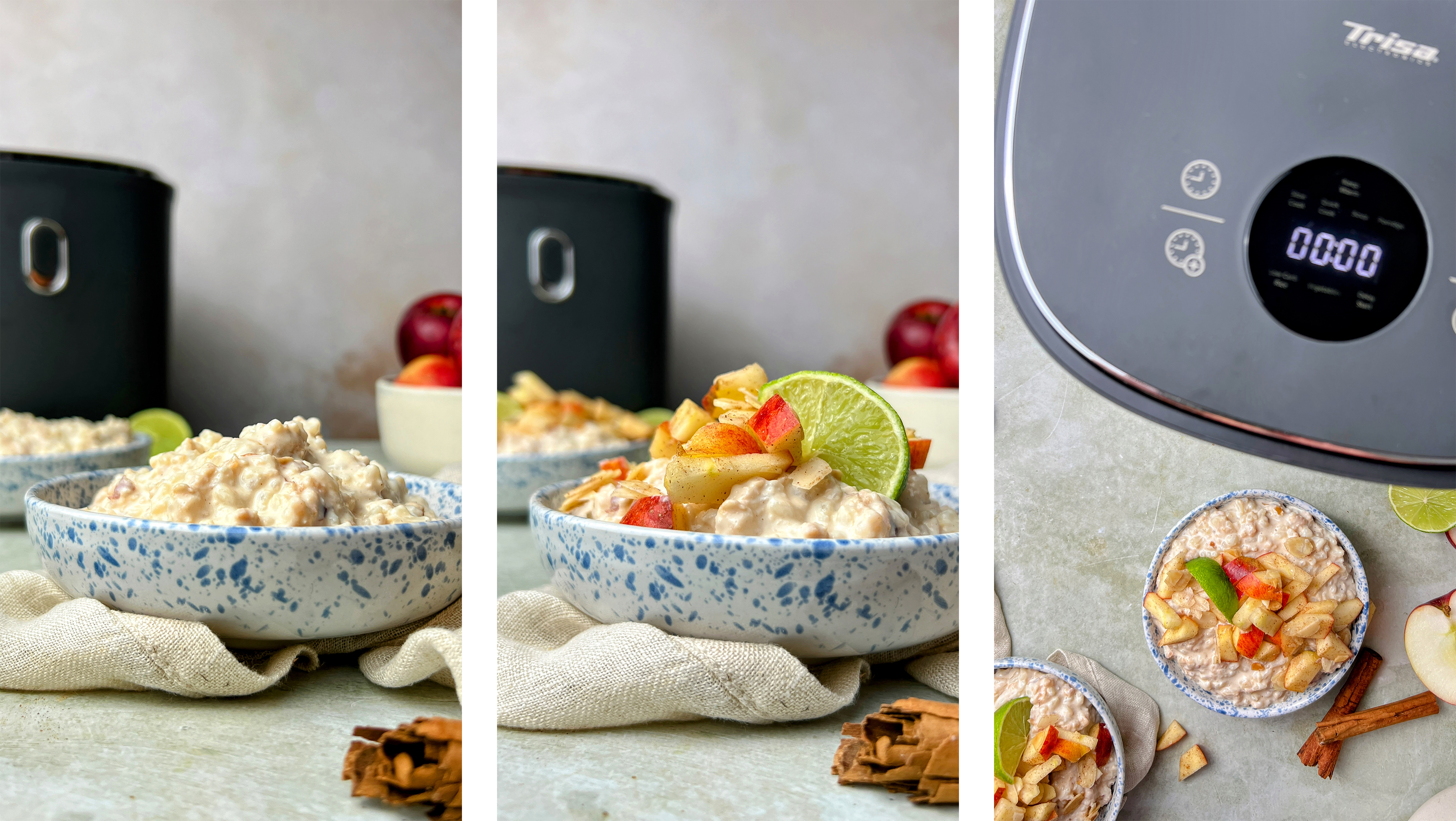 Servierter cremiger Milchreis in Schalen, teils mit Apfel-Limetten-Topping, daneben der geöffnete Reiskocher von Trisa Electronics.