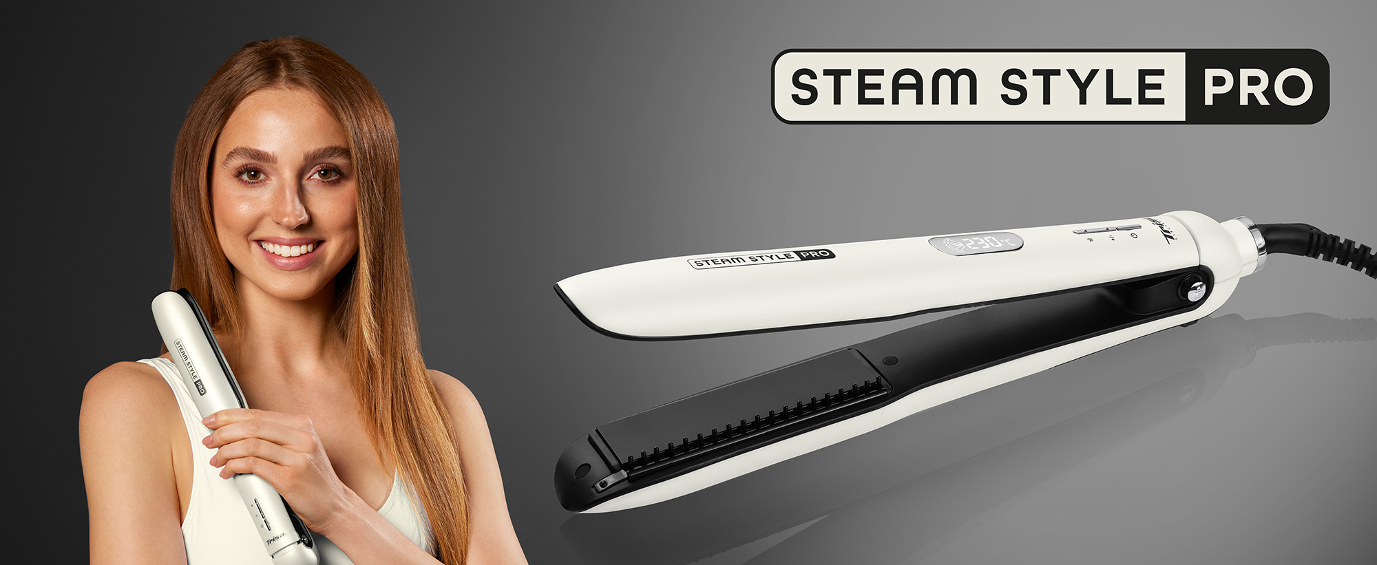 Woman straighten hair with Trisa Steam Style Pro steam straightener