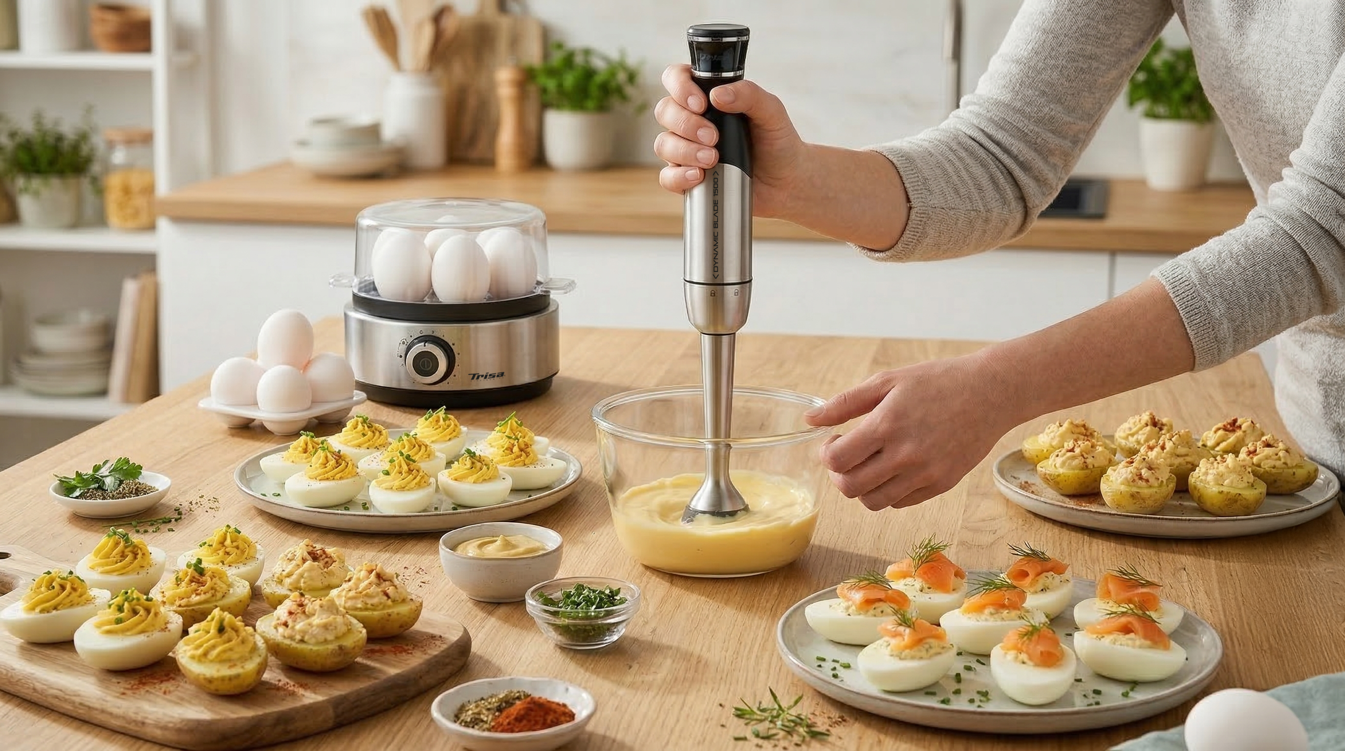Trisa Stabmixer bereitet Eigelbcreme für gefüllte Eier, verschiedene Deviled Eggs auf Tisch angerichtet